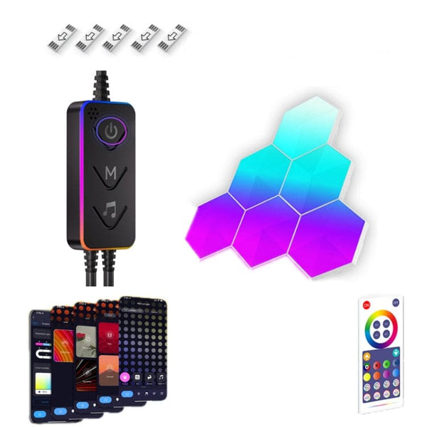 6 PACK - LED Ambient Light Tiles Wi-Fi App Control Multiple Patterns Colours or Sound Activated - smart Noco