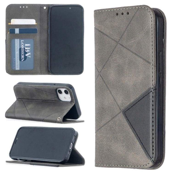 Rhombus Wallet Flip Cover Card Holder for Apple iPhone 12 Mini - Grey and Black - acc Noco