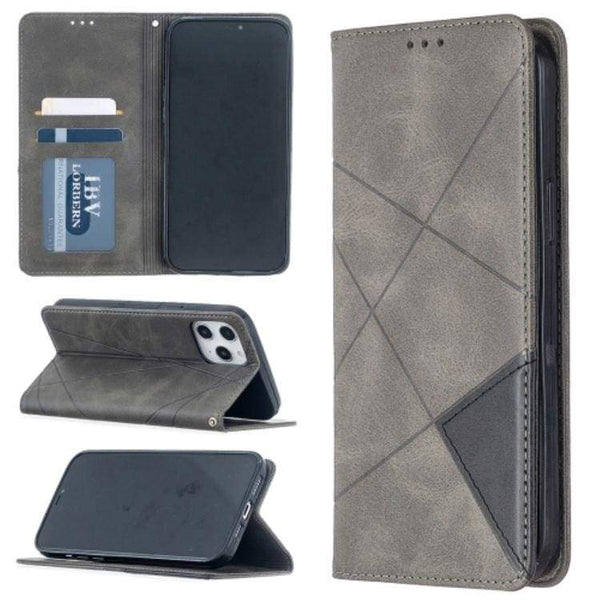 Rhombus Wallet Flip Cover Card Holder for Apple iPhone 12 Pro Max - Grey and Black - acc Noco