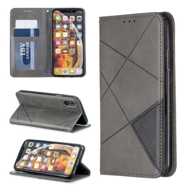 Rhombus Wallet Flip Cover Card Holder for Apple iPhone X / iPhone XS - Grey and Black - acc Noco